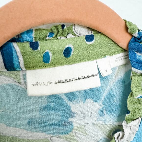 Anthropologie Floral Print Button Down Blouse Green Blue Size S Boho Resort - Picture 4 of 7